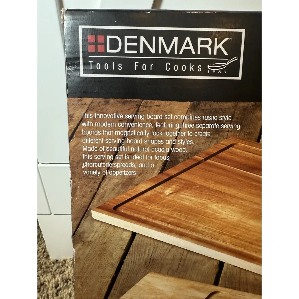 NEW Demnark 3 Pc Acacia Wood Magnetic Serving Board Set Charcuterie Boards